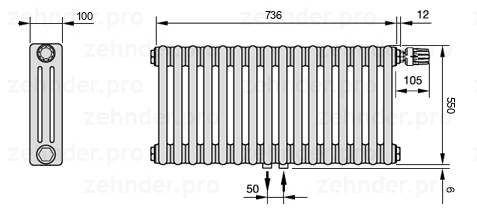 Схема (чертеж) Радиатор Zehnder Charleston 3055/16 №V008 Белый глянцевый RAL 9016